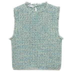 MNG Mango Women's Tweed Top Fringe Hem Sleeveless Cropped Blue Size S NWT